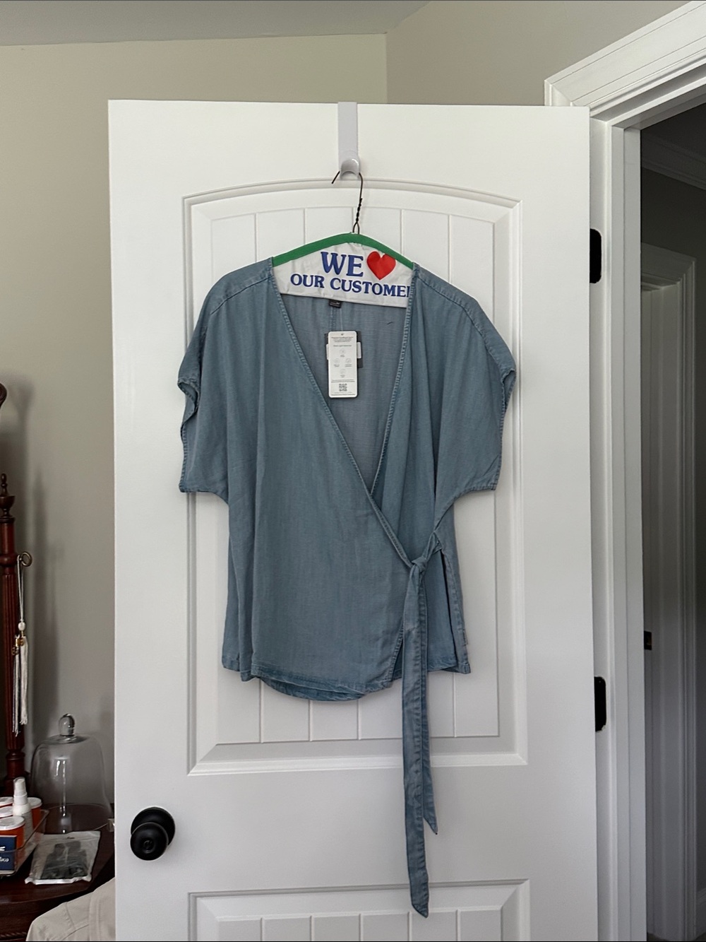Eddie Bauer Jean Blue Wrap Front Women's Top with Tie